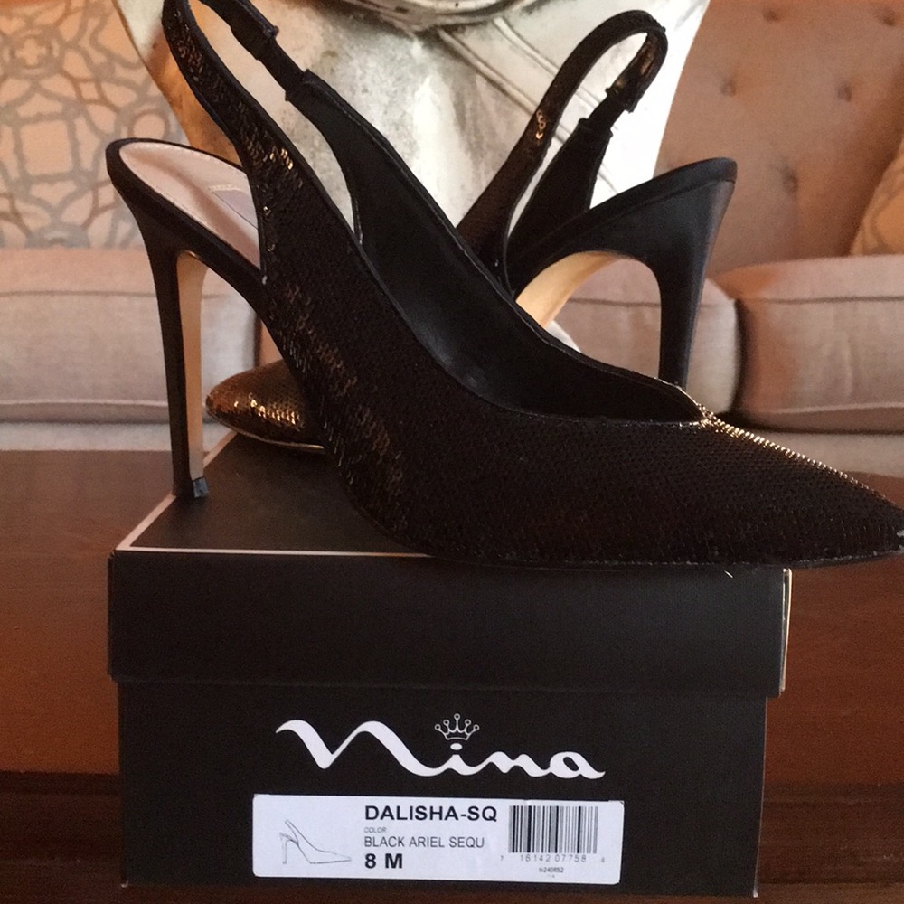 NINA- Dalisha-SQ  Black Sequined Sling Pump-SZ 8M